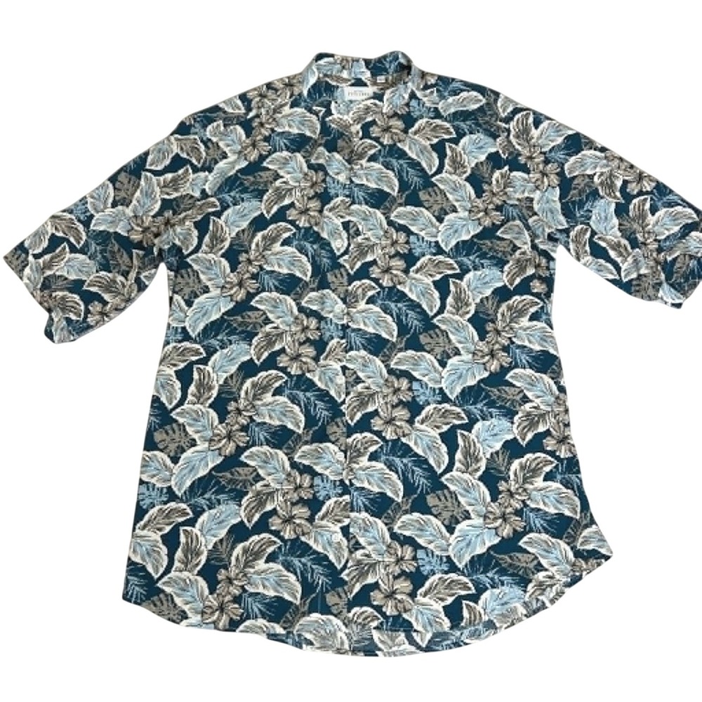 Bottega Positano Mens Large Teal Tropical Hibiscus Floral Button Down Shirt